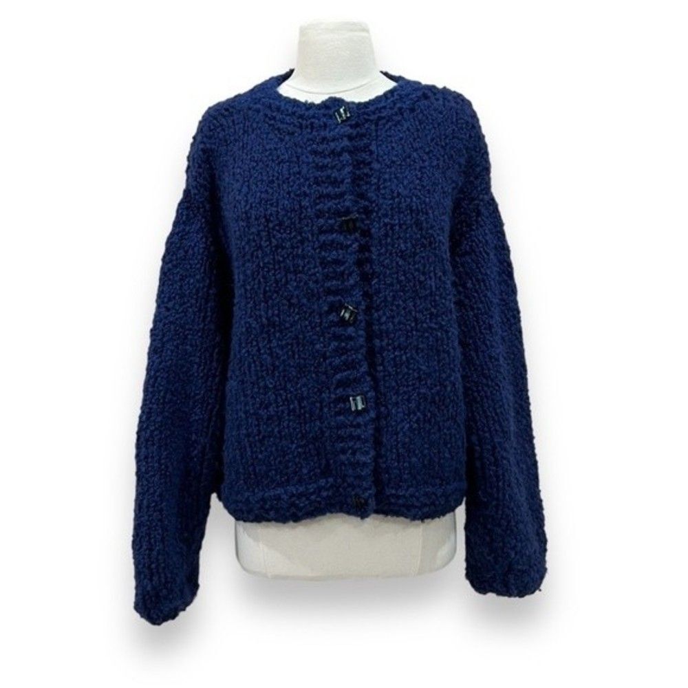 Textured Navy Button-Front Bouclé Cardigan Sweater